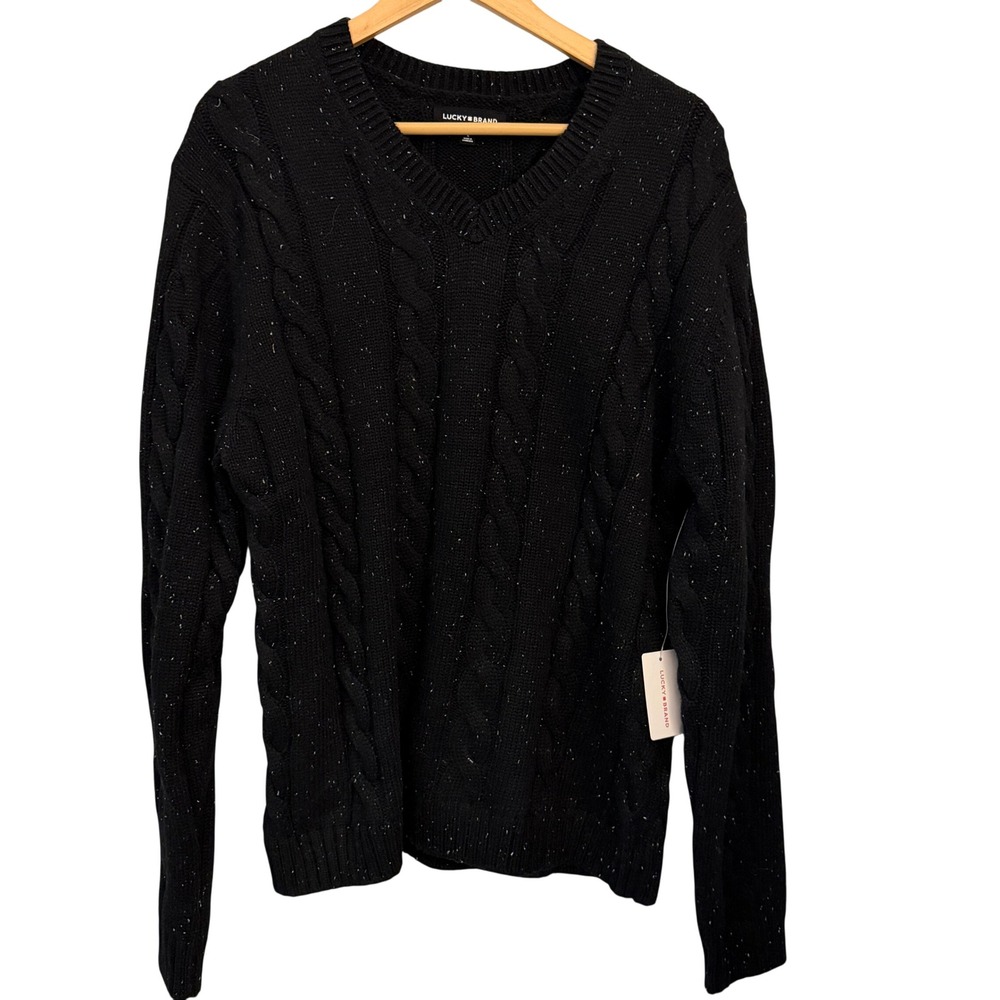 Lucky Brand Sweater Mens Large Black NEW Cable Knit V-Neck Speckled OLM020